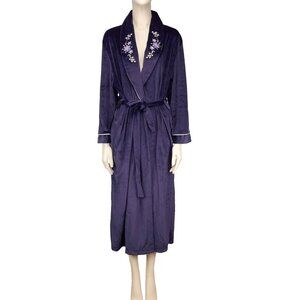 VANITY FAIR VTG Velvet Deep Purple Floral Shawl‎ Collar Robe sz M